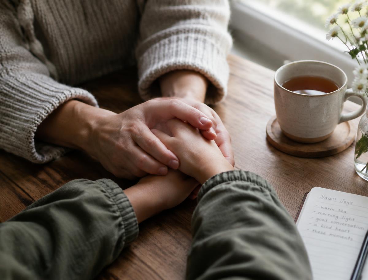 An adult's hands holding a younger person's hands across a wooden table